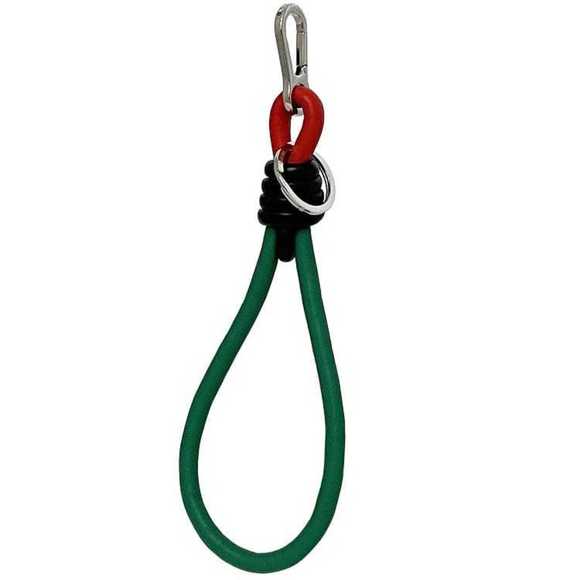Loewe Key Ring f-23602 in green, red, and black. This green knotted leather key
